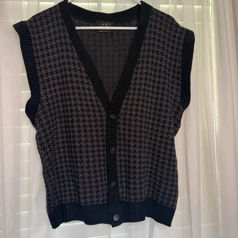 Vintage 90s Houndstooth Sweater Vest Magnetic Force Dark Academia Grandpa Core L